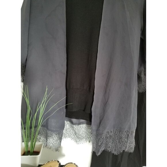 Divided H&M Gray Sheer Open Front Jacket/Cardigan Lace Trim 3/4Sleeve Size 4 - Picture 3 of 7